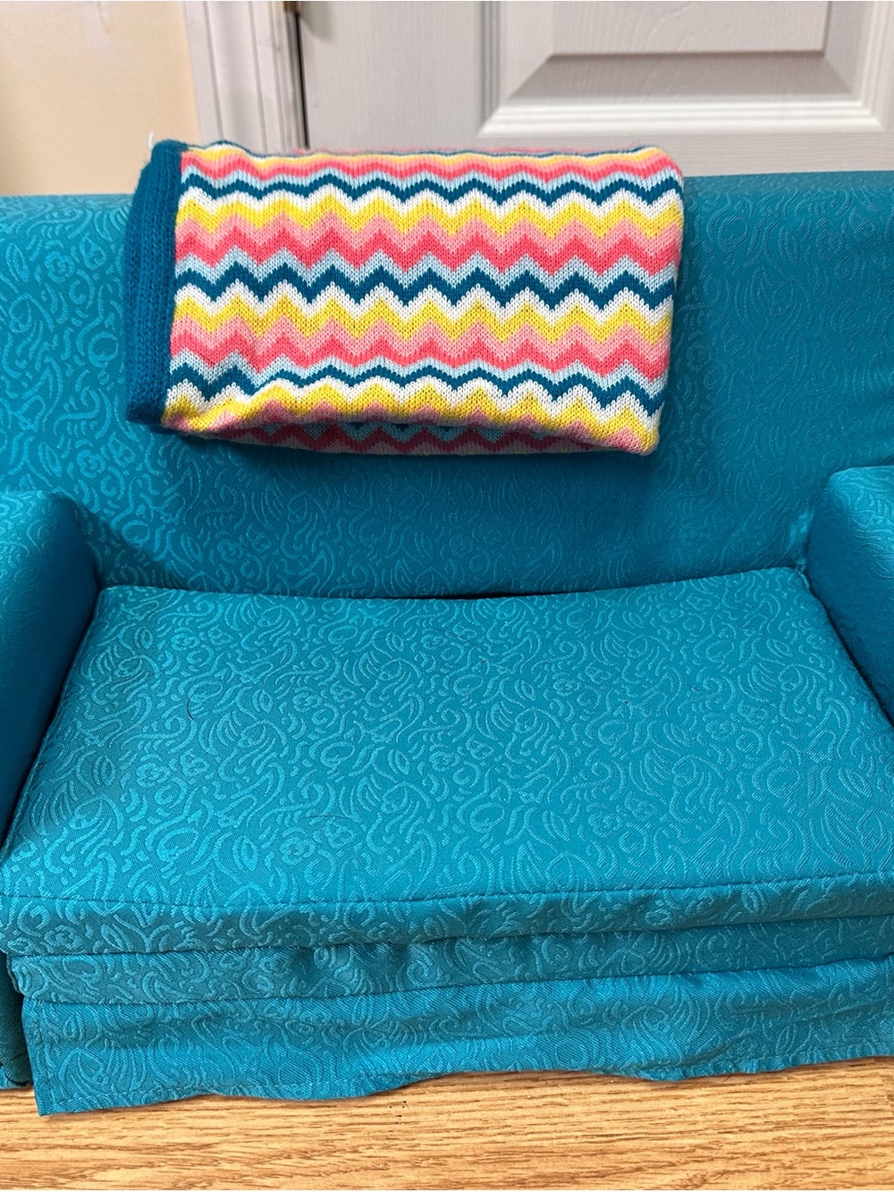 American Girl Teal Doll Sofa with Multicolor Chevron Blanket
